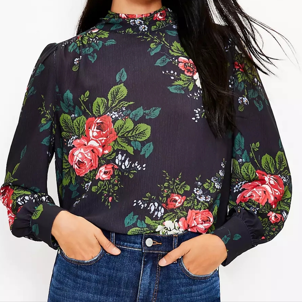 LOFT Black and Pink Graphic Long Sleeve Blouse Size S